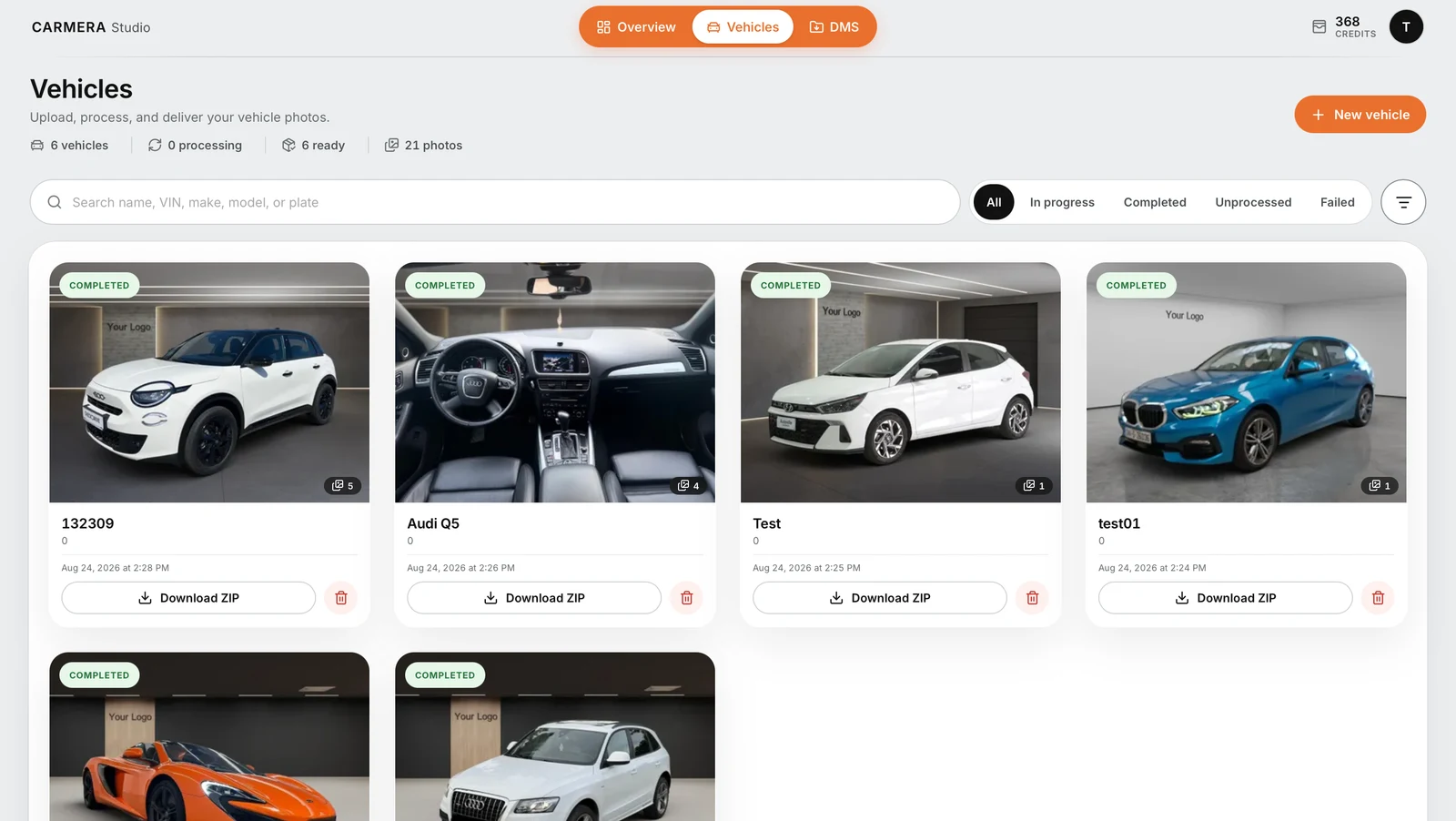 CARMERA Studio vehicle gallery interface design