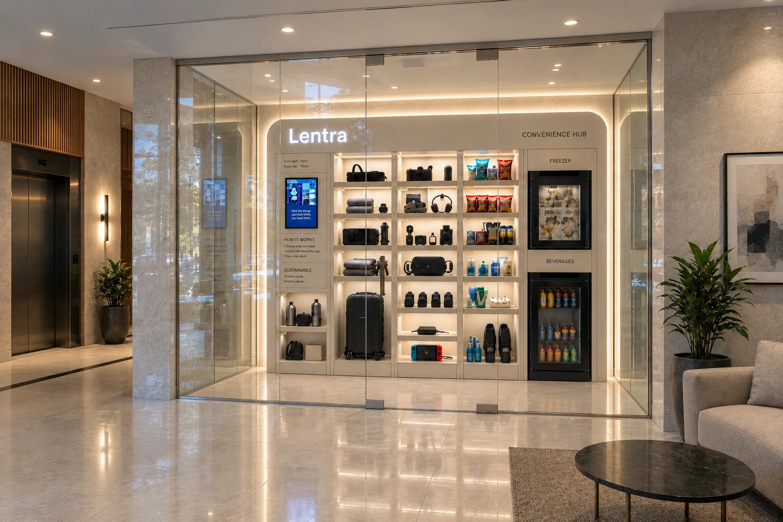 Lentra convenience hub marketing visual in a residential lobby