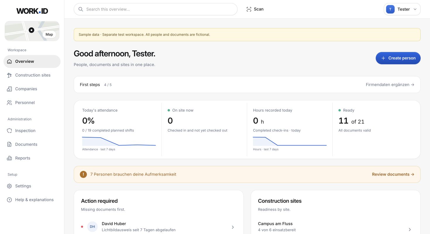 WORK.ID overview in a separate test workspace with fictional people and documents